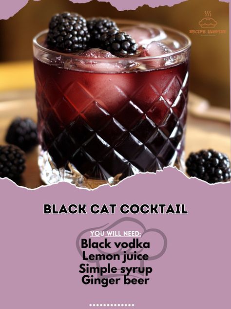 🐾 Unleash the feline fright with the Black Cat Cocktail! A mysteriously delicious drink for your Halloween bash! 🍸🖤 #BlackCatCocktail #HalloweenCocktails Black Cat Cocktail Ingredients: Black vodka (1 oz) Lemon juice (1 oz) Simple syrup (1/2 oz) Ginger beer (to top) Blackberries (for garnish) Ice Instructions: Shake black vodka, lemon juice, and simple syrup with ice. Strain into a glass filled with ice. Top with ginger beer. Garnish with blackberries. 🖤🍸 This cocktail adds a touch of mys... Halloween Mixed Drinks Recipe, Simple Halloween Cocktails, Drink Essentials, Cat Cocktail, Black Vodka, Vodka Lemon, Bartender Drinks Recipes, Bartender Drinks, Halloween Drink