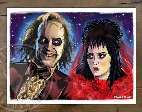 Beetlejuice and Lydia, print illustration created by BwanaDevilArt.All our illustrations are printed in Premium heavy weight printing paper. Each print is signed and stamped in the back of each illustration. Prints are always shipped with extra protection for a secure package delivery. *Watermark is only visible on the web. Prints will be printed without it.*Print size is 5x7 Beetlejuice Art, Horror Drawings, Beetlejuice And Lydia, Beetlejuice Fan Art, Beetlejuice Movie, Horror Drawing, Simple Drawings, Lydia Deetz, Beetle Juice