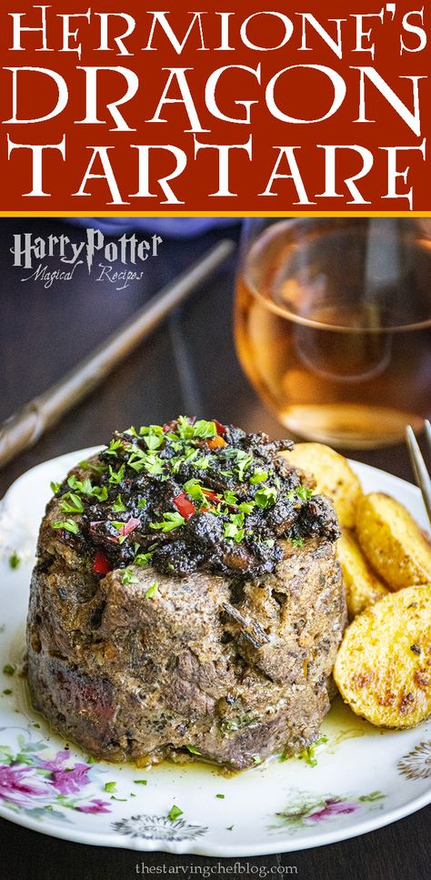 Harry Potter Recipes | Hermione Granger's Dragon Tartare - as seen in the Half Blood Prince, Hermione eats dragon tartare to avoid Cormac McClaggen. #harrypotter #harrypotterrecipe #harrypotterparty #hermionegranger #hermione #harrypotter Dungeons And Dragons Food, Movie Marathon Ideas, Broil Flank Steak, Movie Night Snack Ideas, Movie Meals, Harry Potter Movie Marathon, Night Snack Ideas, Harry Potter Cookbook, Marathon Ideas