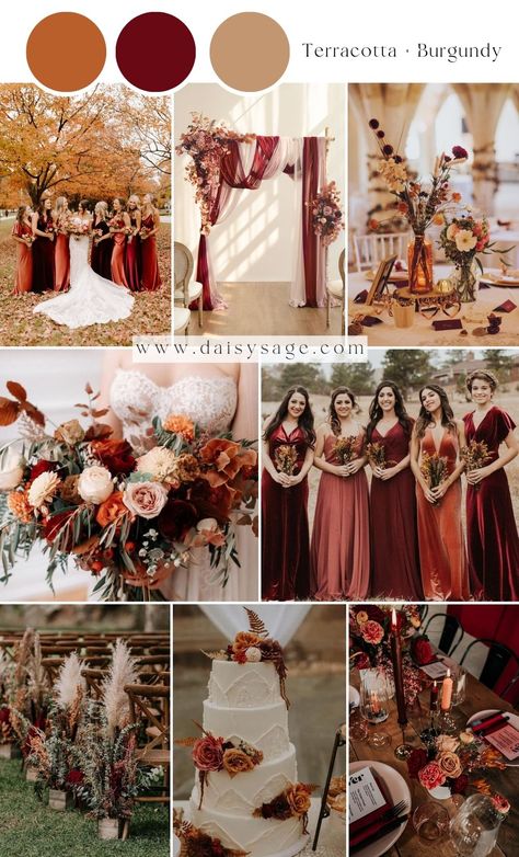 12 Best Terracotta Wedding Color Theme Ideas 2024 - Daisy Sage Fall Burgundy Floral Arrangements, Vineyard Wedding Color Scheme, Nasa Wedding, Terracotta And Burgundy, Fall Color Palette Wedding, Wedding Schemes, September Wedding Colors, Burgundy Wedding Theme, Wedding Theme Color Schemes