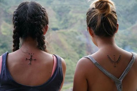 Traditional hand-tapped tattoo by Apo Whang-Od, the last "mambabatok" of her generation in the Philippines. Left: compass that means guidance; right: serpent eagle means protection from a heavenly being; three dots represent Apo Whang-Od's signature Mambabatok Tattoos, Serpent Eagle Tattoo, Apo Whang Od Tattoo Design, Whang Od Tattoo Designs, Apo Whang Od Tattoo, Whang Od Tattoo, Apo Whang Od, Philippines Tattoo, Whang Od