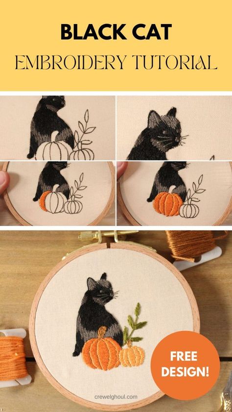 This free black cat embroidery pattern is a quick and easy one that's perfect for Halloween. Using a few basic embroidery stitches, you'll create a simple black cat surrounded by pumpkins. Black Cat Cross Stitch Pattern Free, Camping Cross Stitch Patterns, Black Cat Embroidery, Cat Embroidery Pattern, Black Cat Cross Stitch Pattern, Cross Stitch Camping, Black Cat Cross Stitch, Cat Embroidery Design, Etsy Embroidery