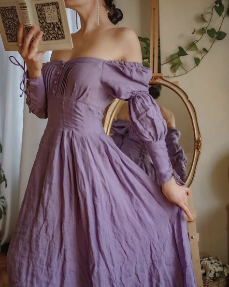 Purple Cottagecore, Drippy Fits, Witch Dress, Perfect Coat, Garden Party Dress, Cotton Blends Dress, Dyed Linen, Romantic Style, Art And Design