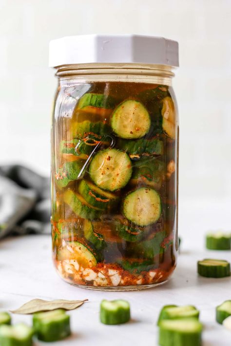 If you're a fan of pickles and crave bold flavors, you're in for a treat! Forget the ordinary pickles; we're diving into fermented Old Bay pickles today. The fusion of tangy pickles and iconic Old Bay seasoning creates a mouthwatering experience that will leave your taste buds begging for more. Fermenting Pickles, Fermented Pickles Recipe, Pickling Cucumbers Recipe, Fermented Vegetables Recipes, Fermenting Weights, Best Pickles, Fermented Pickles, Fermented Vegetables, Wide Mouth Mason Jars