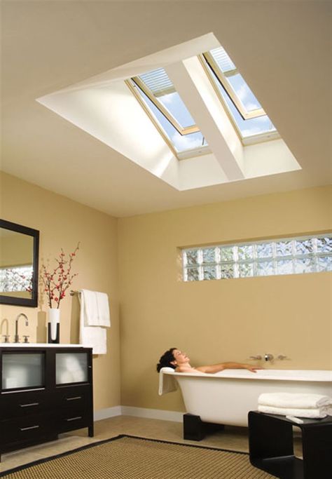 Skylight Bathroom, Skylight Design, Attic Renovation Ideas, Velux Skylights, Attic Bathroom, Attic Renovation, Roof Window, Apartment Bathroom, Traditional Bathroom