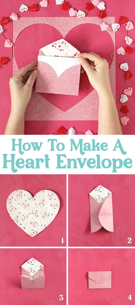 Turn a paper heart into a cute DIY envelope in four easy steps. Such a cute envelope made from a paper heart. What a fun way to deliver a love note! Valentine's Day | Paper Crafts | DIY Crafts | Craft Ideas How To Make A Envelope Out Of A Heart, Love Heart Envelope, How To Fold Heart Paper, Heart Into Envelope, Diy Heart Letter, How To Make A Cute Envelope Out Of Paper, How To Fold A Heart Envelope, Paper Heart Pocket, Diy Love Envelope