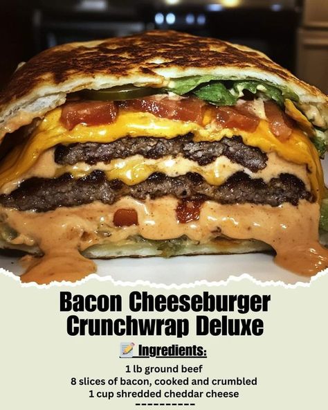 Family Recipes | 🍔 Bacon Cheeseburger Crunchwrap Deluxe - this is your new guilty pleasure | Facebook Cheeseburger Crunchwrap, Cheeseburger Burrito, Creamy Cheese Sauce, Bacon Cheeseburger, Creamy Cheese, Guilty Pleasure, Cheese Sauce, Beef Dishes, Family Recipes