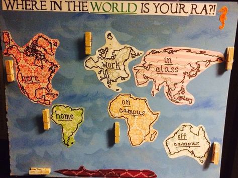 World themed Where Am I Board Ra Where Am I Board Ideas, Where Is Ra Sign, Where's Your Ra Sign, Where Is My Ra Sign, Where Is Your Ra Sign, Where Is Your Ra, Dorm Hall Themes, Where Am I Board, Ra Hall Themes