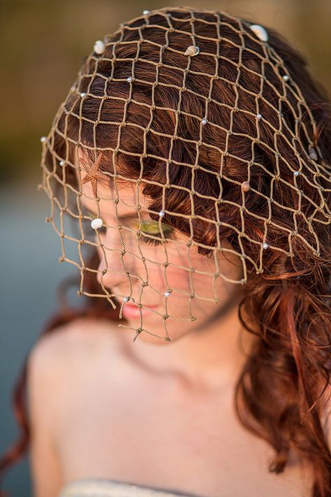 unique Beach wedding fish Net Veil with pearls by allforLOVEbyGina Fishing Net Outfit, Fish Net Outfit, Unique Beach Wedding, Veil With Pearls, Water Clothing, Fish Fashion, Net Veil, Song Of The Sea, Pearl Veil