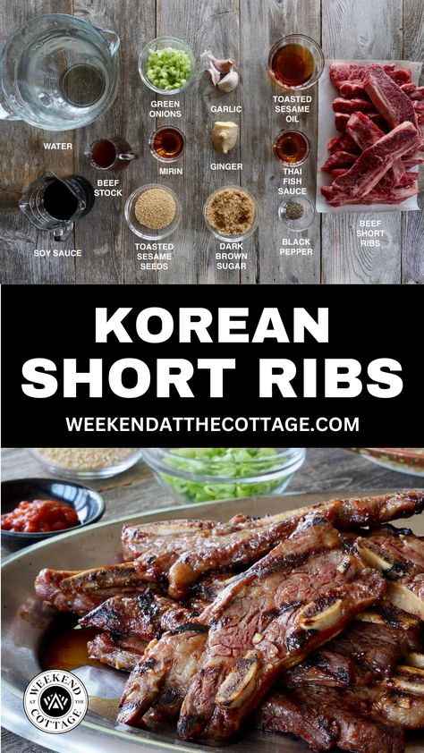 GRILLED KOREAN SHORT RIBS! Ribs are one of my go-to meal ideas, especially for a chill, relaxed get-together. These GRILLED KOREAN SHORT RIBS are especially wonderful because they’re easy to make and can be served either as a snack or an easy-to-enjoy meal. They're surprisingly easy to make too where we take thinly sliced beef short ribs and marinate them in garlic, ginger, brown sugar, and mirin, soy sauce. Fire up the grill, friends! It's Korean Rib Night! #koreanbbq #koreanfood #shortribs Kalbi Beef Short Ribs, Beef Short Ribs Sliced, Garlic Ribs Chinese, Korean Short Rib Marinade, Recipes With Short Ribs, Best Korean Short Ribs Recipe, Beef Short Ribs Korean Style, Asian Beef Short Rib Recipes, Korean Beef Short Ribs Oven