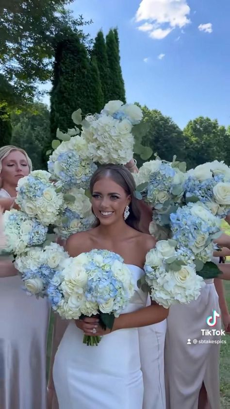 Bridal Bouquet With Blue Flowers, Light Blue Wedding Bouquet Brides, Blue And White Flower Arrangements Wedding, Light Blue White Wedding Theme, Blue White Sage Wedding, Blue And White Hydrangea Wedding Bouquet, French Blue Wedding Bouquet, Spring Wedding Hydrangea, Wedding Inspo Blue And White