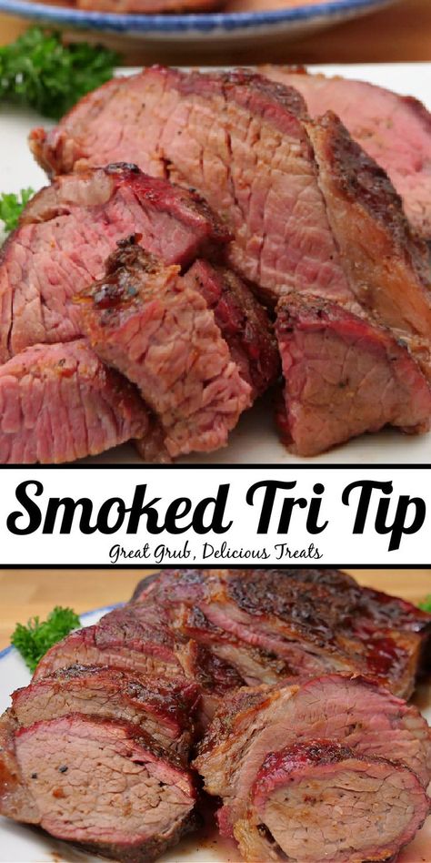 A double photo collage of sliced tri tip on a white plate. Smoked Tri Tip Recipe, Tri Tip Recipe, Tri Tip Marinade, Tritip Recipes, Meat Marinades, Beef Roasts, Smoked Tri Tip, Beef Tri Tip, Smoked Recipes