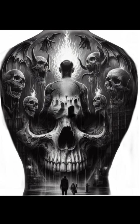 Dark Full Back Tattoo, Full Back Tattoo For Men Design, Back Tattoo Men Full, Skull Back Piece Tattoo, Tree Skull Tattoo, Evil Skull Tattoo Design, Charon Tattoo, Full Back Tattoos For Men, Mens Back Tattoo