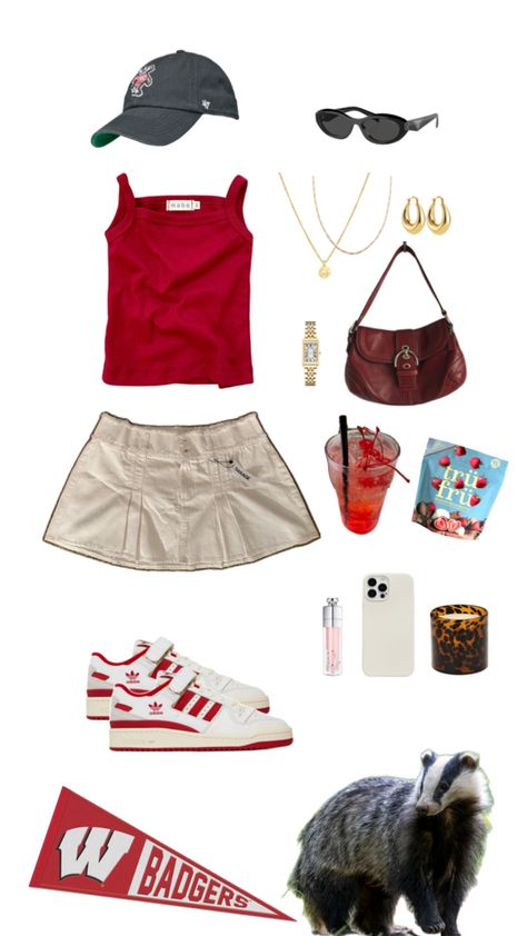 Uw Madison gameday outfit college football red fall outfit Wisconsin aesthetic Bucky badger Burgundy Game Day Outfits, Wisconsin Game Day Outfit, Gameday Outfit College, Wisconsin Aesthetic, Bucky Badger, Gameday Fits, Gameday Outfits, Outfit College, Uw Madison