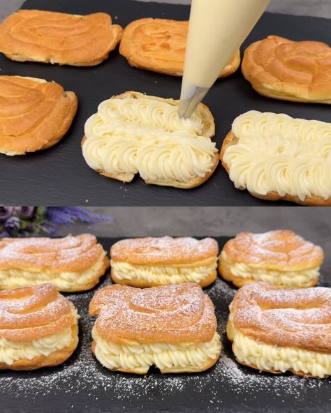 Puff Pastry with Custard and Whipped Cream - Greenku Recipes Desserts With Custard, Custard Puff Pastry, Pastry Custard, Custard Cream Recipe, Puff Pastry Dessert, Cauliflower Cheese Bake, Zucchini Cakes Recipe, Baked Cabbage, Egg Cups Breakfast