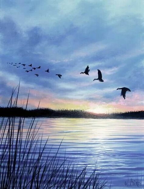 Ducks over blue lake Lake Painting, Watercolor Paintings Easy, Watercolor Landscape Paintings, Blue Lake, Sunset Painting, Birds Flying, Watercolor Landscape, Acrylic Art, Nature Pictures