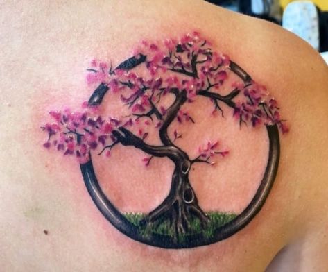 Cherry Blossom Tree Japanese Pink Tree, Tree Heart Tattoo, Cherry Blossom Tattoo Shoulder, Tree Tattoo Drawings, John Tattoo, Cherry Tree Tattoos, Tree Tattoo Ideas, Tree Tattoo Meaning, Cherry Blossom Tree Tattoo