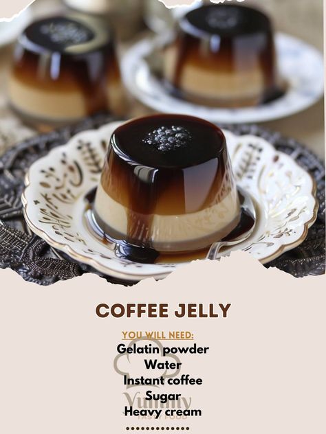 ☕️ Indulge in the delightful and refreshing Coffee Jelly! A perfect treat for coffee lovers. Try it now! #CoffeeJelly Coffee Jelly Ingredients: Gelatin powder (2 tbsp) Water (1 cup) Instant coffee (2 tbsp) Sugar (3 tbsp) Heavy cream (1/2 cup) Instructions: Dissolve gelatin powder in water. Mix instant coffee and sugar in a bowl. Add the gelatin mixture to the coffee mixture and stir. Pour into a pan and refrigerate until set. Cut into cubes and serve with heavy cream. ☕️🍮 This Coffee Jell... Japanese Jelly Coffee, Coffee Jelly Recipe, Gelatin Powder, Coffee Jelly, Mousse Dessert, Jelly Recipes, Coffee Cream, Aesthetic Coffee, Instant Coffee