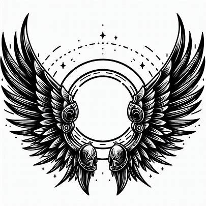 black and white tattoo style drawing of a pair of floating Valkyrie wings. The wings have armor on the leading edge. The wings are spread wide and frame a circle that is between them - Image Creator from Microsoft Designer Tattoo Circle Design, Armor Tattoo Design, Che Guevara Tattoo, Animated Wings, Valkyrie Wings, Valhalla Tattoo, Neck Tats, Valkyrie Tattoo, Black And White Tattoo