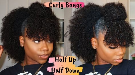 Afro Hair Styling For Women, Short Natural Hairstyles With Bangs, Half Up Half Down With Clip Curly Hair, Half Up Half Down With Bangs Natural Hair, Bangs With Natural Hair, Faux Bangs Natural Hair, Half Up Natural Hairstyles, Natural Hairstyles For Black Women With Bangs, Natural Hair Styles With Bangs