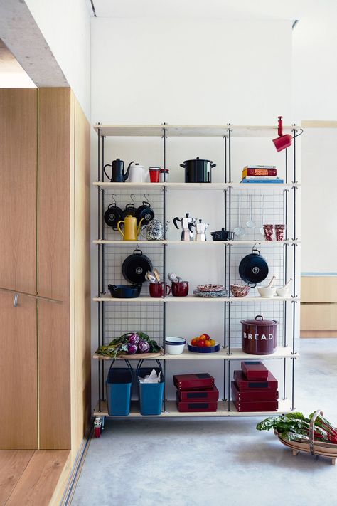 Shelf help: how to make this smart, functional kitchen shelving unit Metal Shelves Kitchen, Metal Kitchen Shelves, Kitchen Shelving Unit, Kitchen Shelving Units, Kitchen Shelving, Metal Bookcase, Metal Shelving Units, Floor Shelf, Kitchen Stand