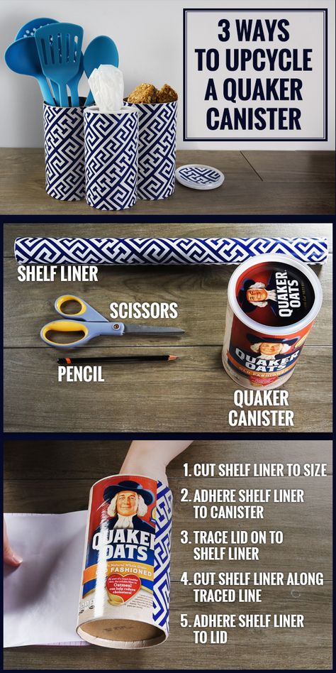 Empty @quaker  oats container + patterned contact paper of your choice + 5 minutes = upcycled storage solution. Diy Storage Containers Upcycle, Quaker Oats Container Crafts, Upcycle Plastic Containers, Wipes Container Crafts, Upcycle Containers, Upcycle Cardboard, Upcycled Storage, Container Crafts, Plastic Container Crafts