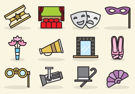 Cute Theatre Icons Theater Symbol, Theatre Symbol, Symbol Cute, Theatre Illustration, Cute Drawing Ideas, Drama Stage, Sketch Background, Theatre Masks, Flat Icons Set