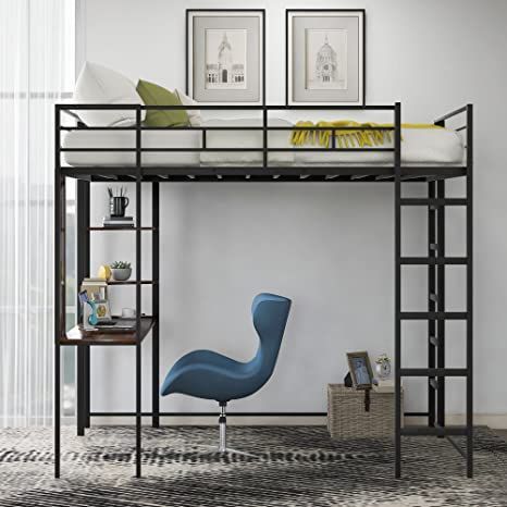 Full Size Loft Bed with Desk and 2 Storage Shelves, Metal Loft Bed Full Size, High Loft Bed Frame for Teens, Adults, No Box Spring Needed (Full, Black) Desk Under Bed, Triangular Shelves, Trundle Bed With Storage, Metal Loft Bed, Cozy Loft, Loft Bed Frame, Loft Bunk Beds, Guard Rail, Loft Space