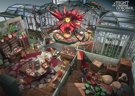 ArtStation - A Night in the Lonesome October - Conservatory Moonlit Conservatory, Strixhaven Dnd, Dnd Architecture, House Conservatory, Airship Art, Feng Zhu Design, Feng Zhu, Building Layout, Fantasy Rooms