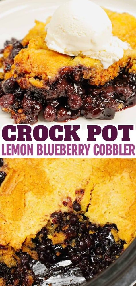 Crock Pot Lemon Blueberry Cobbler is an easy slow cooker dessert recipe using frozen blueberries, lemon pudding mix, sugar, boxed lemon cake mix and butter. Lemon Blueberry Cobbler, Slow Cooker Dessert, Crockpot Dessert, Blueberry Cobbler Recipes, Crockpot Desserts, Slow Cooker Recipes Dessert, Crockpot Dessert Recipes, Crock Pot Food, Crock Pot Desserts