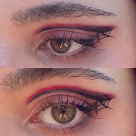 Spiderman Eyeliner, Spiderman Eye Makeup, Black And Red Eyeliner, Spider Eyeliner, Spider Man Makeup, Spiderman Makeup, Eyeliner Inspo, Spiderman Peter Parker, Cute Spider