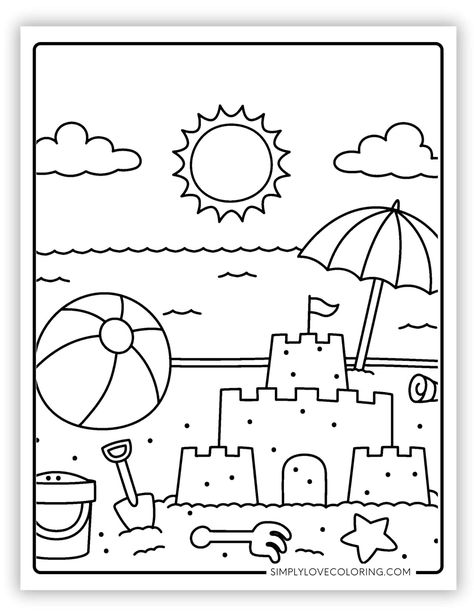 Free summer coloring pages are the perfect activity for homeschooling, classrooms, teachers, kids' activities, and educational activities. Kinder Summer Activities, Sandcastle Coloring Page, Colouring Pages For Kindergarten, Beach Theme Coloring Pages, Preschool Summer Coloring Pages, Beach Classroom Activities, Summer Camp Coloring Pages, Summer Coloring Pages Free Printable Preschool, Summer Preschool Activities Crafts