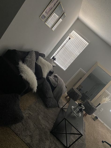 Grey Themed Apartment, Bachelorette Pad Apartment Living Room, Aesthetic Living Room Ideas Apartment Cozy, New Apartment Decorating Living Room, Living Room Ideas With Carpet, Dream Apartment Decor Living Room, Gray Apartment Living Room, Studio Apartment Black, Black Living Room Ideas Apartments