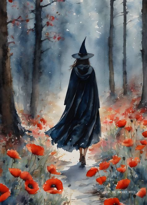 Witch Artwork, Lavender Witch, Witches Art, Motifs Art Nouveau, Witch Painting, Red Witch, Nature Witch, Witch Art, Red Poppy