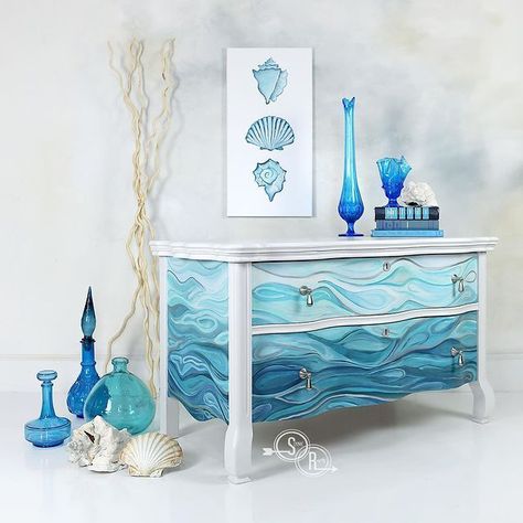 This serpentine lowboy dresser was a custom order I had back in January.The abstract waves were all done with DIY Paint with a touch silver metallic for highlights. You can read an article about my furniture art in @theturquoiseirisjournal when you subscribe here https://www.theturquoiseirisjournal.com/subscribe/ https://etsy.com/shop/scenicroutehwy Order DIY Paint https://diypaint.co/?aff=83 Sideboard Bathroom Vanity, Bathroom Vanity Custom, French Provincial Buffet, Minion Humour, Kraken Art, Beach House Furniture, Hand Painted Dressers, Beach Furniture, Furniture Painting Techniques