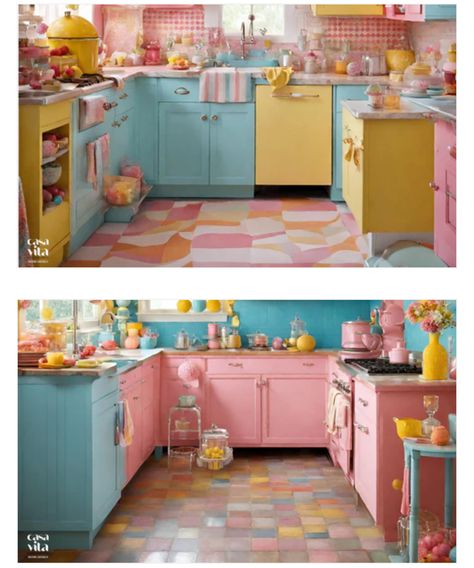 Mint And Yellow Kitchen, Turquoise And Pink Kitchen, Teal Pink Yellow Kitchen, Pastel Orange Kitchen Cabinets, Retro Pastel Kitchen, Pearl Kitchen, Teal And Peach, Peach Kitchen, Yellow Kitchen