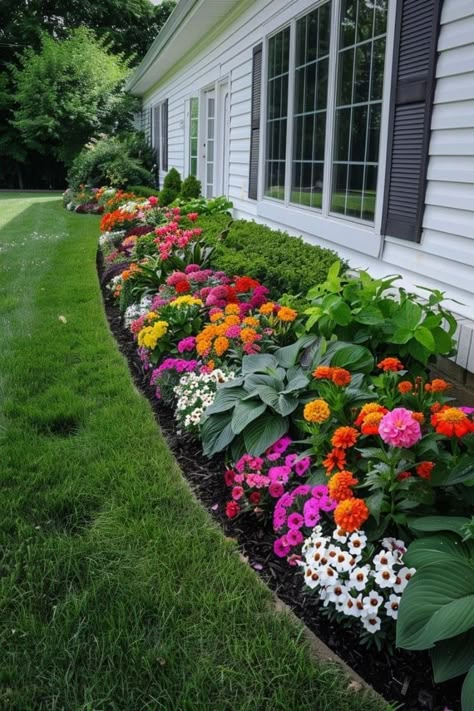 Front Yard Flowers Landscaping, Flower Bed For Front Of House, Front Yard Flower Bed Ideas Perennials, Front Small Yard Landscaping, Ranch Garden Ideas, Flower Border Landscape, Front Porch Garden Ideas Flower Beds, Outdoor Flower Bed Ideas, Front Of House Flowers