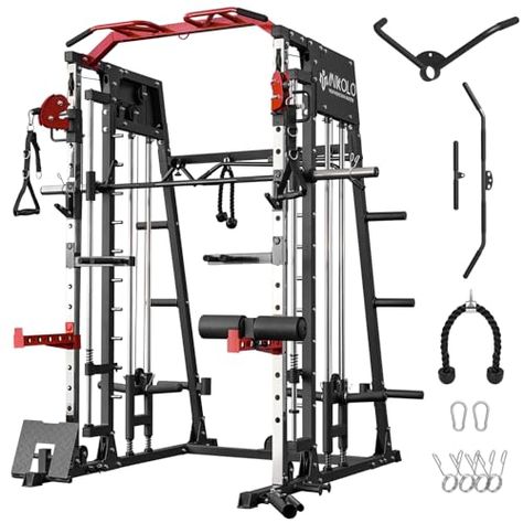 Mikolo Smith Machine, 2200lbs Squat Rack with LAT-Pull Down System & Cable Crossover Machine, Training Equipment with Leg Hold-Down Attachment Leg Hold, Cable Crossover Machine, Cable Crossover, Dip Station, Weight Bar, Dip Bar, Suspension Trainer, Smith Machine, Squat Rack