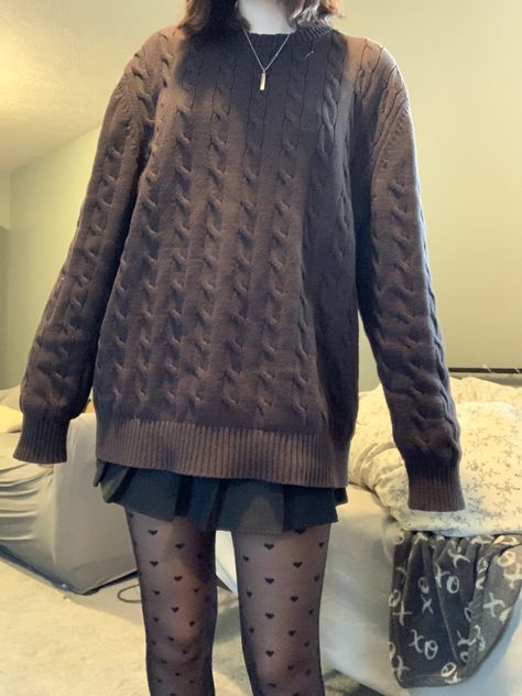 brown sweater, black pleated skirt, heart tights Autumn Outfits With Tights, Heart Tights Outfit Aesthetic, Brown Knitted Sweater Outfit, Sweater And Tights Outfit, Black Pleated Skirt Outfit Aesthetic, Brown Skirt Aesthetic, Sweater Tights Outfit, Pleated Skirt With Tights, Brown Knit Sweater Outfit