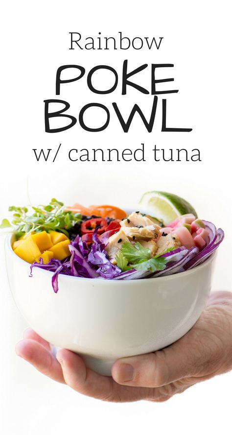 Rainbow Poke Bowl with canned tuna ~ you can have this colorful and healthy Hawaiian favorite any time, anywhere, without having to source sushi grade raw fish ~ it's a win win! |Genova tuna | Buddha bowls | Grain bowls | Black rice | Rice bowls | Hawaiian recipes | lunch | main course | paleo | gluten free | Tuna Poke Bowl Recipe, Tuna Bowl, Grain Bowl Recipe, Best Tuna Salad, Tuna Rice, Canned Tuna Recipes, Tuna Poke Bowl, Poke Bowl Recipe, Tuna Recipe