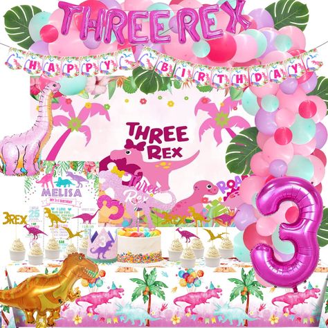 PRICES MAY VARY. 🦖 THE BEST THIRD DINOSAUR PARTY – Kids of all ages love dinosaurs. So, planning the perfect party with a dinosaur theme is a fantastic way to celebrate your daughter's third birthday! The elements of dinosaurs and pink features are dreamy and perfectly match your party. Welcome to the pink dinosaur world. 🍃 THREE REX BIRTHDAY PARTY DECORATIONS INCLUDES - 84 x 12’’ pink latex balloons | 20 x 5’’ latex balloons | 6 x artificial leaves | 12 x foil balloons | 1 x backdrop | 1 x ba Birthday Party Themes For 3 Year Girl, Girl 3rd Birthday Party Ideas, 3rd Birthday Party For Girls Ideas, 3rd Birthday Party Ideas, Three Rex Birthday Party, Backdrop Balloon Garland, Three Rex Birthday, 3rd Birthday Party For Girls, Backdrop Balloon