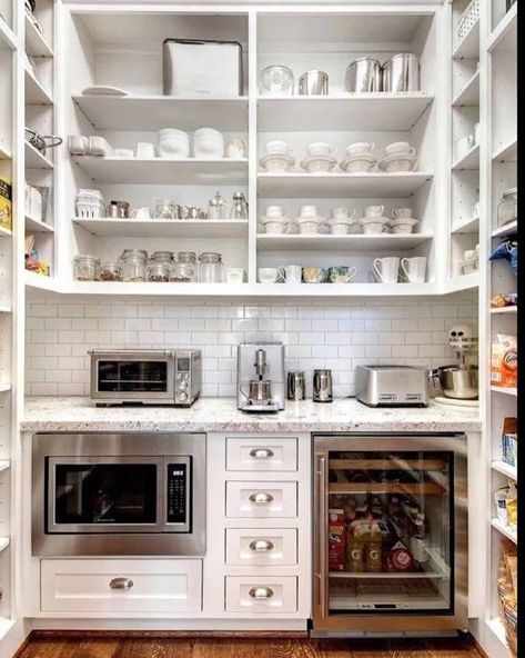 29 Walk In Pantry Ideas For Stylish Kitchen Storage Walk In Butlers Pantry, Walk In Pantry With Fridge, Walk In Pantry With Countertop, Bar Millwork, Pantry With Wine Fridge, Exposed Pantry, Alcove Bar, Pantry With Fridge, Butler Pantries