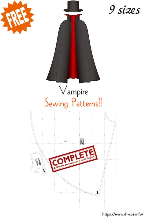 This is the pattern of Vampire(Dracula). inch size(letter size) Children's-4,8,10/Ladies'-S,M,L,LL/Men's-L,LL cm size(A4 size) Children's-100,120,140/Ladies'-S,M,L,LL/Men's-L,LL Added the number of fabric meters required for each size ❤️The production process is now uploaded to the site. Free Cloak Pattern, Vampire Cape Pattern, Kids Cape Pattern, Cape Pattern Free, Cape Pattern Sewing, Crafting Room, Vampire Dracula, Japanese Sewing Patterns, Cape Pattern