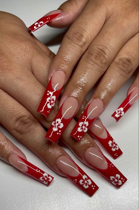 Long Acrylic Nails Coffin Summer, Red Fire Nails, Red Nails With Flowers, Red Nail Inspo Acrylic, Red Acrylic Nails Coffin, Red Nails Simple, Red Nails Coffin, Red Nails Summer, Summer Nails Long