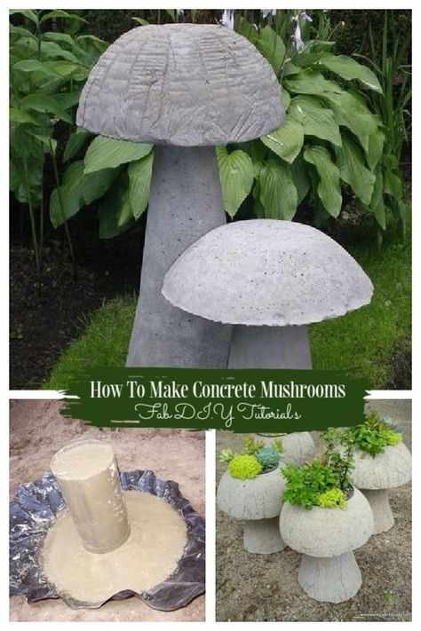 How To Make Concrete Mushrooms - DIY Tutorials - DIY Tutorials Concrete Mushrooms, Mushrooms Diy, Concrete Diy Garden, Concrete Garden Ornaments, Cement Garden, Garden Mushrooms, Concrete Diy Projects, Tutorials Diy, Garden Crafts Diy