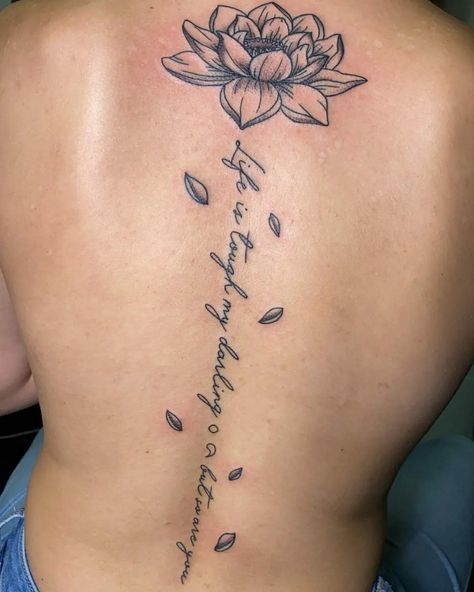 Name Down Spine Tattoo, Mother Daughter Spine Tattoo, Back Christian Tattoo, Badass Spine Tattoos For Women, Spinal Tattoo Women Ideas, Bible Verse Spine Tattoo, Elegant Spine Tattoos For Women, Spine Tattoos With Meaning, Spinal Tattoo Women