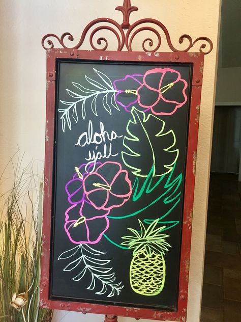 Summer Whiteboard Ideas, June Chalkboard Art, Hawaiian Chalkboard Ideas, Summer Blackboard Ideas, Tropical Chalk Art, Hawaii Chalkboard Art, Tropical Chalkboard Art, Summer Coffee Chalkboard Art, Summertime Chalkboard Ideas