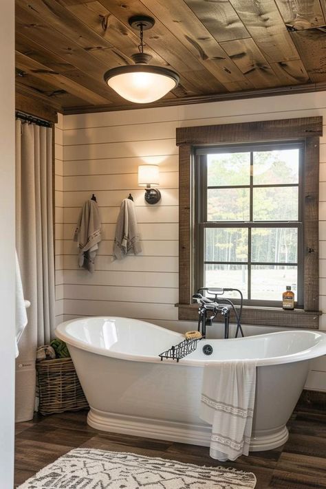 Farmhouse Bathroom Ideas Joanna Gaines, Farmhouse Bathtub, Large Tile Bathroom, Farmhouse Bathroom Inspiration, Farmhouse Bathroom Design, Farmhouse Bathroom Decor Ideas, Bathroom Paint, Bathroom Color Schemes, Bathroom Farmhouse Style