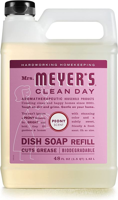 Mrs. Meyer's dish soap refill is safe and biodegradable. Mrs Meyers, Dish Detergent, Liquid Dish Soap, Cleaning Day, Cleaning Dishes, Home Scents, Washing Dishes, Flower Oil, Hand Lotion