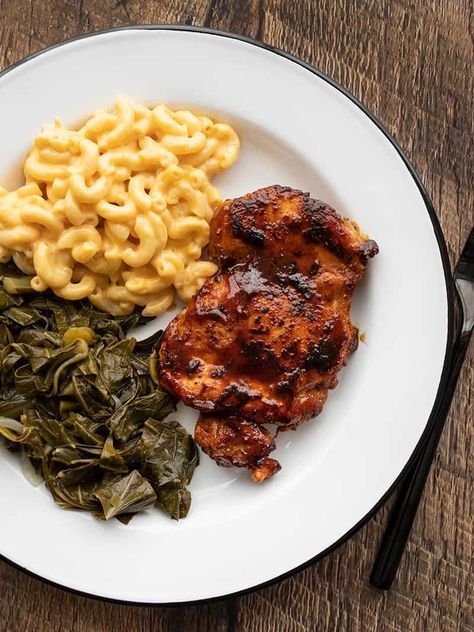 Overhead view of a plate with Quick BBQ Chicken, mac and cheese, and collard greens Quick Bbq Chicken, Jerk Seasoning Recipe, Collard Greens Recipe, Budget Bytes, Creamy Coleslaw, Jerk Seasoning, Egg Free Recipes, Free Digital Scrapbooking, Collard Greens